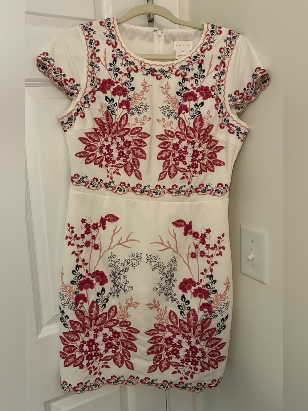 foxiedox White Dress w/ Pink & Black Floral Embroidery